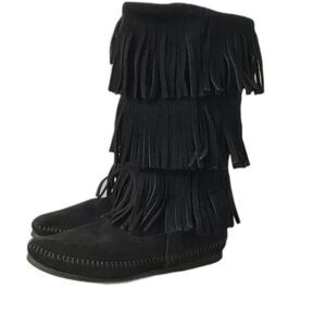 Minnetonka Suede Leather 3-Layer Fringe Boot Black Size 5 New